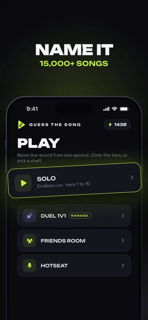 The Guess The Song home screen under the headline "Name it — 15,000+ songs". A "Play" title sits above four modes: Solo, highlighted in lime and reading "Endless run · tiers 1 to 10", then Duel 1v1 marked Ranked, Friends Room and Hotseat.